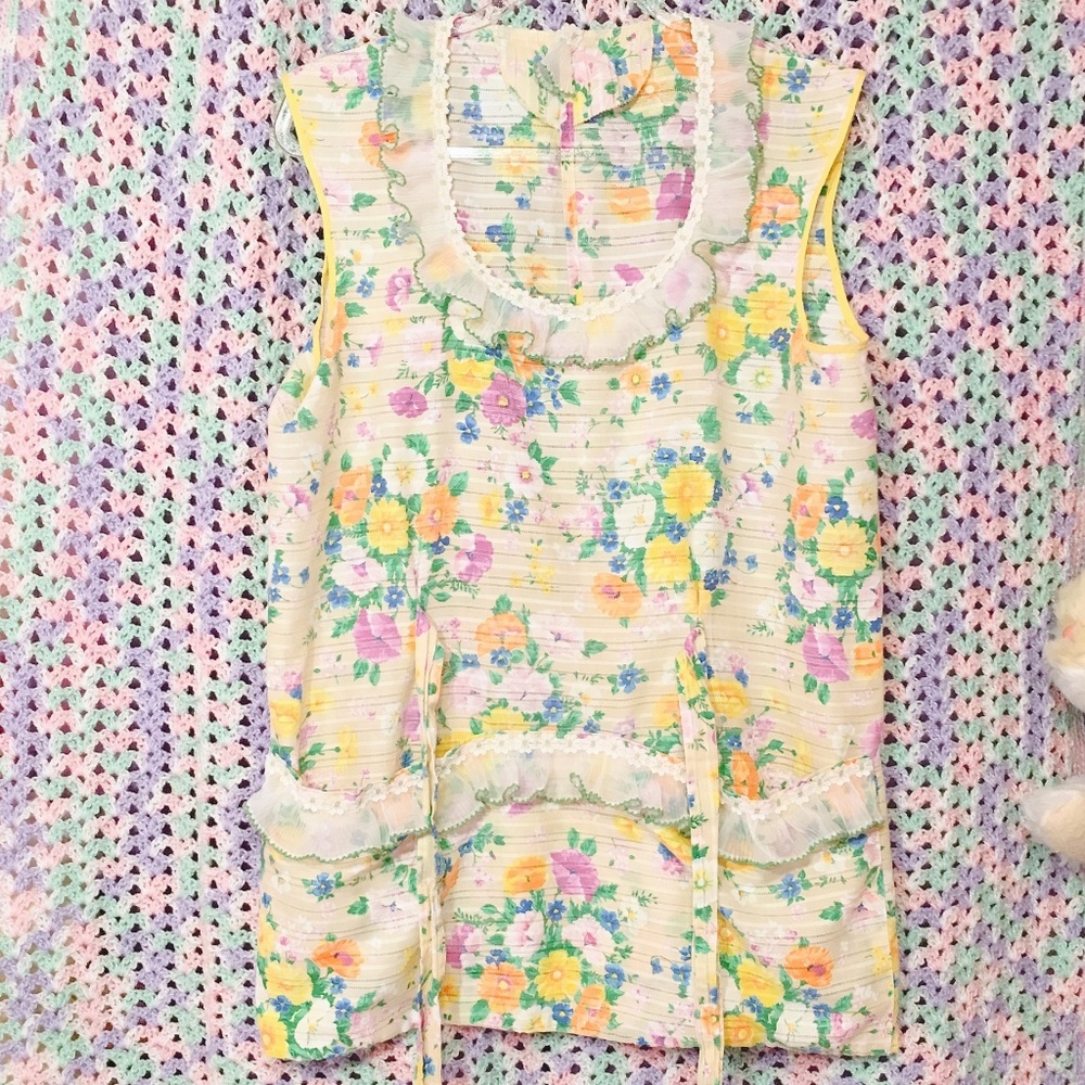 Vintage 70s Yellow Floral Smock Apron OOAK